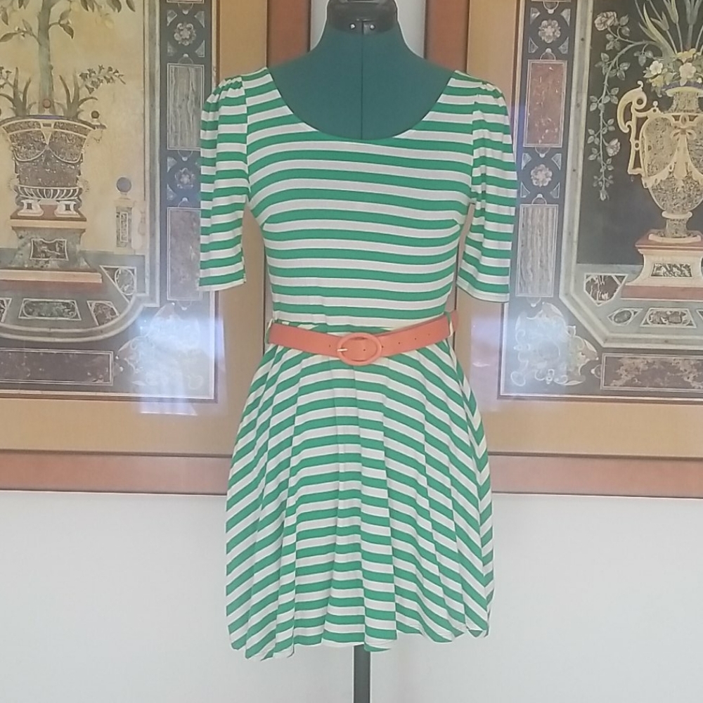 Green & White Striped Belted Dress! NWOT!